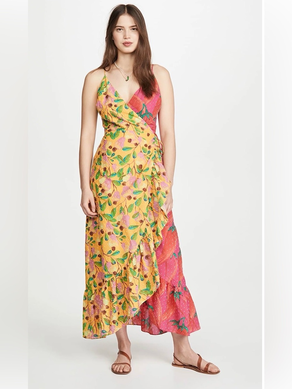 Farm Rio - Yellow & Pink Color Block Chili Pepper Sleeveless Wrap Dress Sz M